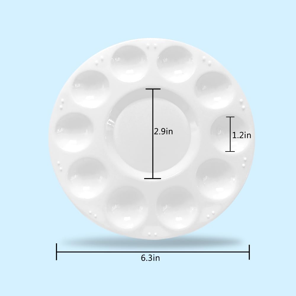 Round 10-Well Paint Palette, 6.3-Inch Plastic Mixing Tray for Watercolor, Acrylic, and Oil Painting