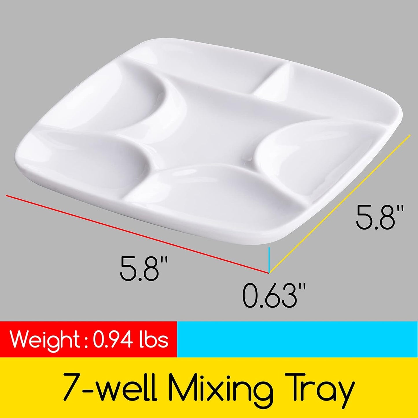 7-hole Square White Porcelain Artist Palette for Watercolor Gouache Acrylic Oil Painting, 5-4/5 Inch