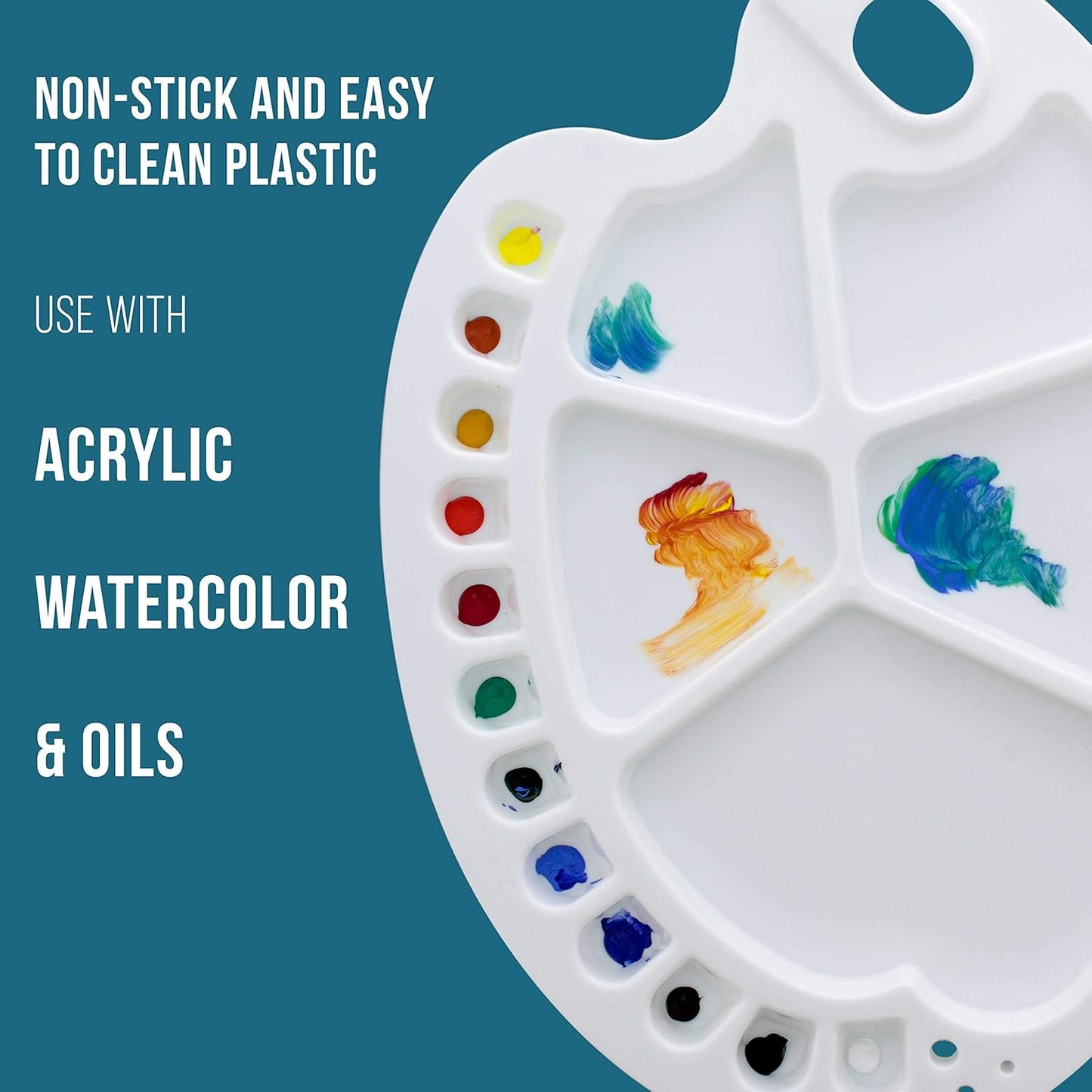 Oval Paint Palette with 12 Small Wells & 5 Large Wells – Ambidextrous Hand-Held Plastic Mixing Tray for Watercolor, Acrylic, and Oil Painting (13.5" x 10")