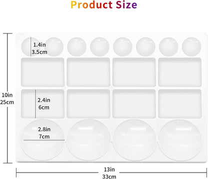 25-Well Plastic Paint Palette Tray for Watercolor Acrylic Oil – Large 13"x10" Mixing Board with Round and Square Compartments