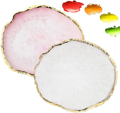2-Piece Resin Agate-Style Palette Set – Pink & White Crystal-Inspired Gold-Edged Artistic Trays for Paint Mixing, Jewelry Display & Makeup Organization