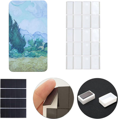 20-Well Empty Watercolor Palette Box with Magnet Strips – Portable Travel Paint Tin with Full Pans (3ml Capacity) – Van Gogh Art Cover Design