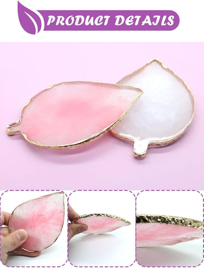 2-Pack Leaf-Shaped Resin Palette Tray with Gold Edge – Pink & White Crystal-Style Dish for Nail Art, Jewelry Display, Makeup or Mixing Use (11.5cm × 7.7cm)