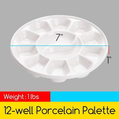 12-Well Round Porcelain Paint Palette – 7 Inches Diameter | Premium White Glazed Ceramic | Ideal for Watercolor, Acrylic, Oil, and Gouache Paints