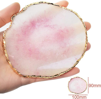 2-Piece Resin Agate-Style Palette Set – Pink & White Crystal-Inspired Gold-Edged Artistic Trays for Paint Mixing, Jewelry Display & Makeup Organization