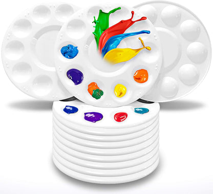 Round 10-Well Paint Palette, 6.3-Inch Plastic Mixing Tray for Watercolor, Acrylic, and Oil Painting