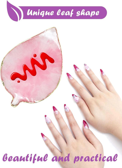 2-Pack Leaf-Shaped Resin Palette Tray with Gold Edge – Pink & White Crystal-Style Dish for Nail Art, Jewelry Display, Makeup or Mixing Use (11.5cm × 7.7cm)
