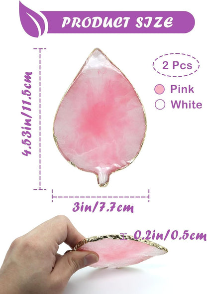 2-Pack Leaf-Shaped Resin Palette Tray with Gold Edge – Pink & White Crystal-Style Dish for Nail Art, Jewelry Display, Makeup or Mixing Use (11.5cm × 7.7cm)