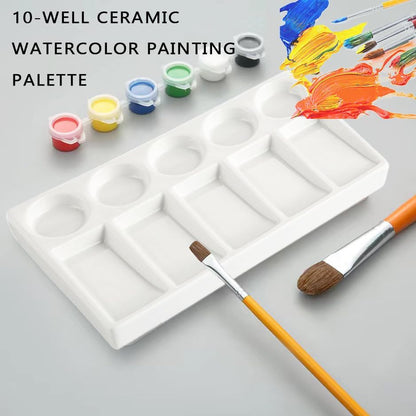 Ceramic Paint Palette – 10-Well White Rectangular Mixing Tray for Watercolor, Acrylic & Gouache – Artist Painting Tool (7.48" × 4.33")