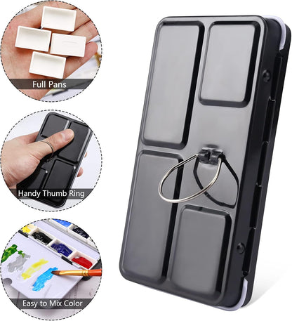 12-Well Metal Watercolor Palette Box with Removable Pans – Portable Paint Mixing Tray with Folding Mixing Areas for Artists and Travel Use