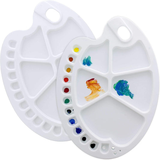 Oval Paint Palette with 12 Small Wells & 5 Large Wells – Ambidextrous Hand-Held Plastic Mixing Tray for Watercolor, Acrylic, and Oil Painting (13.5" x 10")