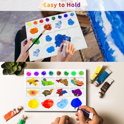 25-Well Plastic Paint Palette Tray for Watercolor Acrylic Oil – Large 13"x10" Mixing Board with Round and Square Compartments