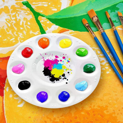 Round 10-Well Paint Palette, 6.3-Inch Plastic Mixing Tray for Watercolor, Acrylic, and Oil Painting