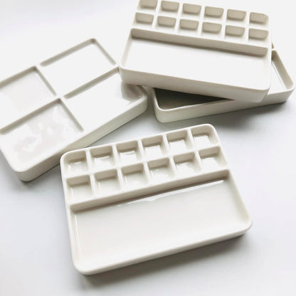 13-Well White Ceramic Paint Palette – Compact Rectangular Watercolor Mixing Tray with 12 Small Wells and 1 Large Well (11×8×1.5cm)