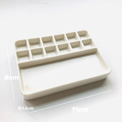 13-Well White Ceramic Paint Palette – Compact Rectangular Watercolor Mixing Tray with 12 Small Wells and 1 Large Well (11×8×1.5cm)