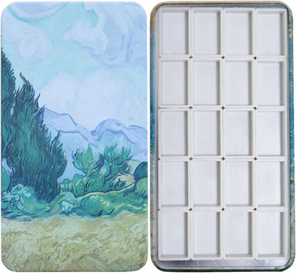 20-Well Empty Watercolor Palette Box with Magnet Strips – Portable Travel Paint Tin with Full Pans (3ml Capacity) – Van Gogh Art Cover Design