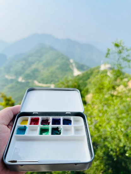 13-Well White Ceramic Paint Palette – Compact Rectangular Watercolor Mixing Tray with 12 Small Wells and 1 Large Well (11×8×1.5cm)