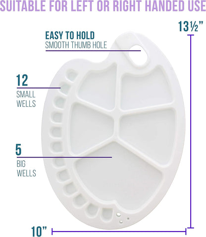 Oval Paint Palette with 12 Small Wells & 5 Large Wells – Ambidextrous Hand-Held Plastic Mixing Tray for Watercolor, Acrylic, and Oil Painting (13.5" x 10")