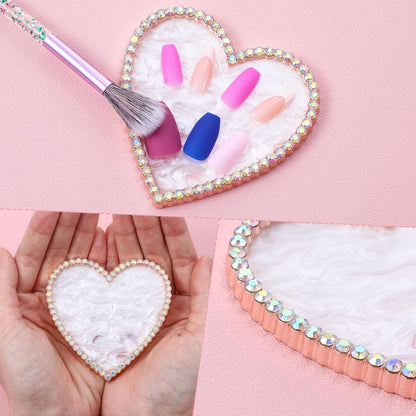 Heart-Shaped Pearl Resin Tray with Rhinestone Edge – Small Display Dish for Jewelry, Nail Art, or Makeup Accessories (7.4 × 7.3cm)