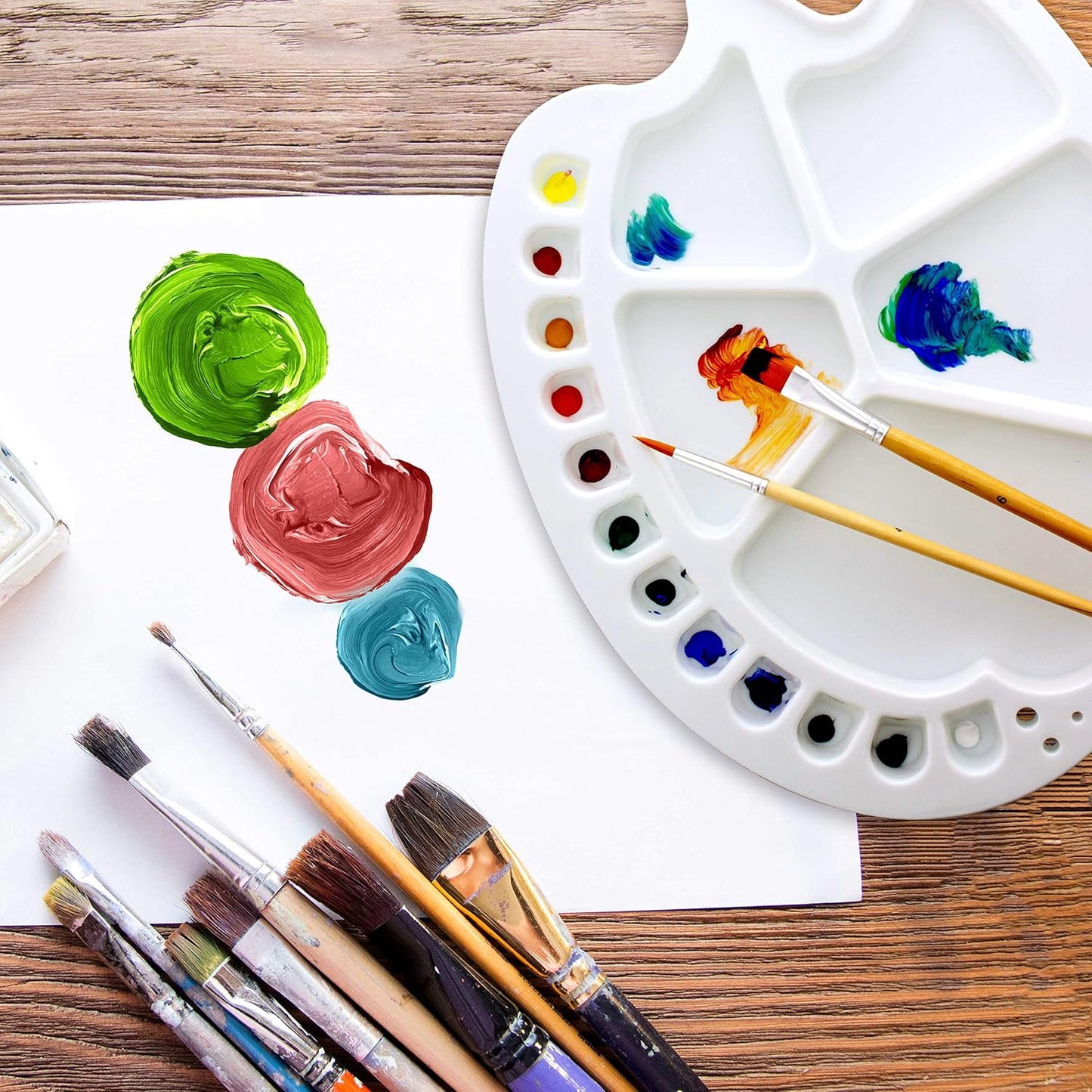 Oval Paint Palette with 12 Small Wells & 5 Large Wells – Ambidextrous Hand-Held Plastic Mixing Tray for Watercolor, Acrylic, and Oil Painting (13.5" x 10")