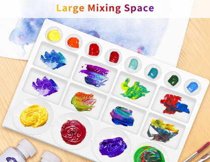25-Well Plastic Paint Palette Tray for Watercolor Acrylic Oil – Large 13"x10" Mixing Board with Round and Square Compartments