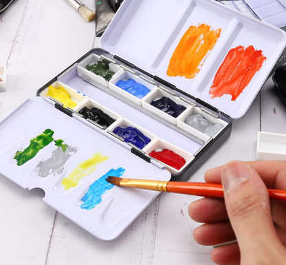 12-Well Metal Watercolor Palette Box with Removable Pans – Portable Paint Mixing Tray with Folding Mixing Areas for Artists and Travel Use