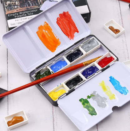 12-Well Metal Watercolor Palette Box with Removable Pans – Portable Paint Mixing Tray with Folding Mixing Areas for Artists and Travel Use